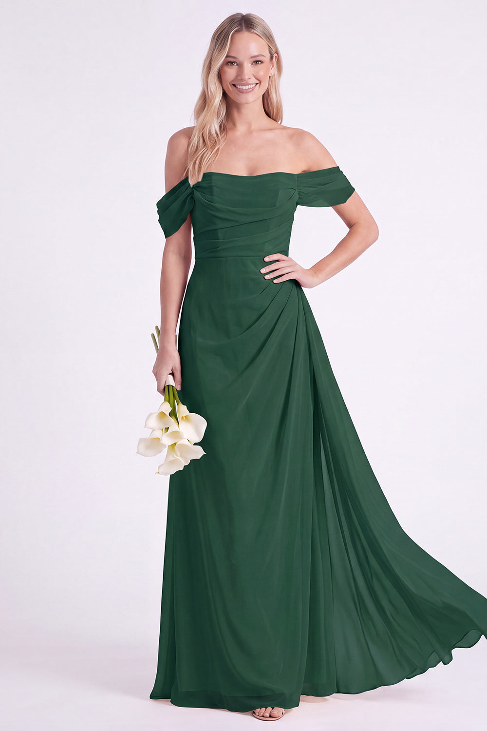 Daffodil Off-the-Shoulder Chiffon Ruched Long Bridesmaid Dress