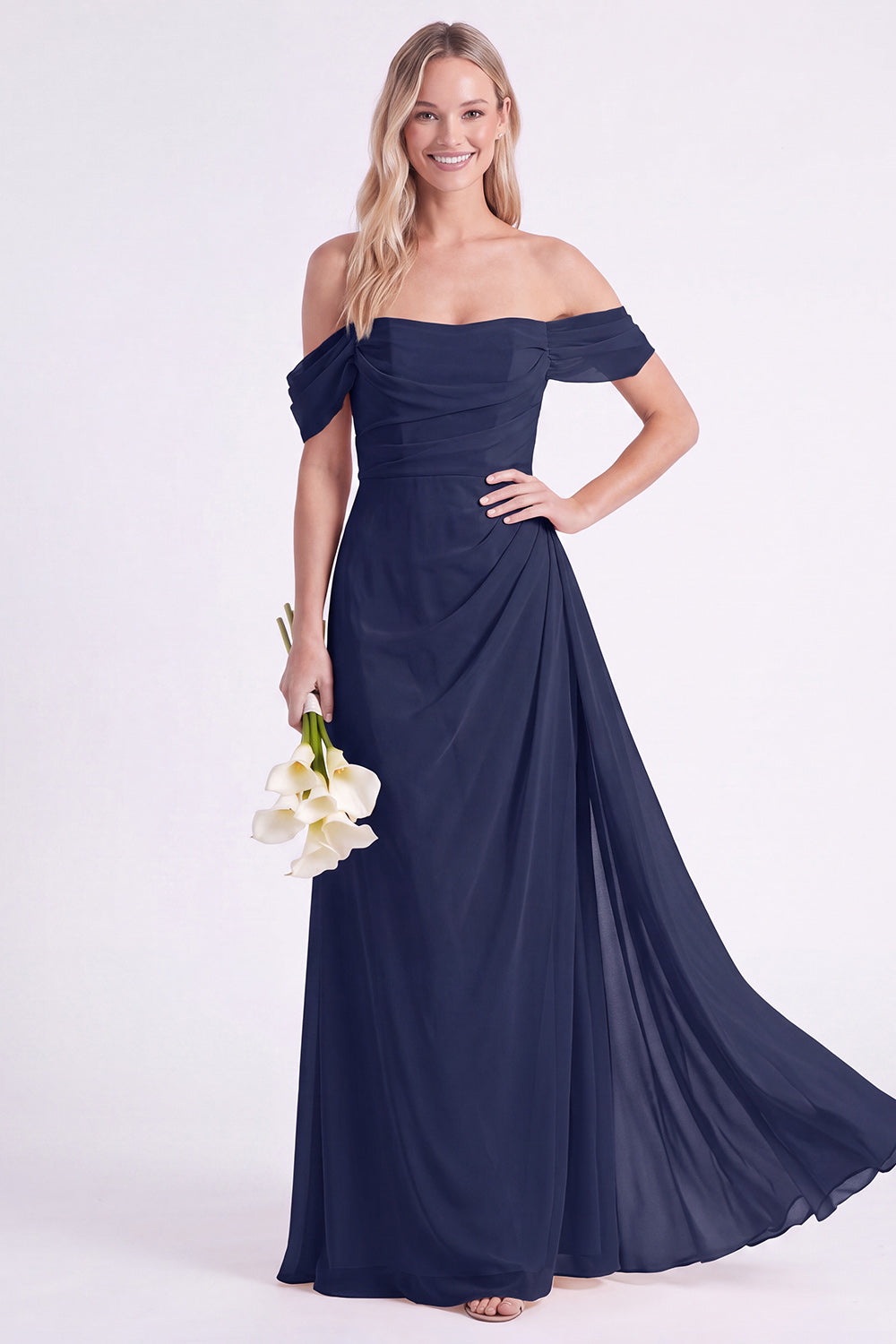 Daffodil Off-the-Shoulder Chiffon Ruched Long Bridesmaid Dress