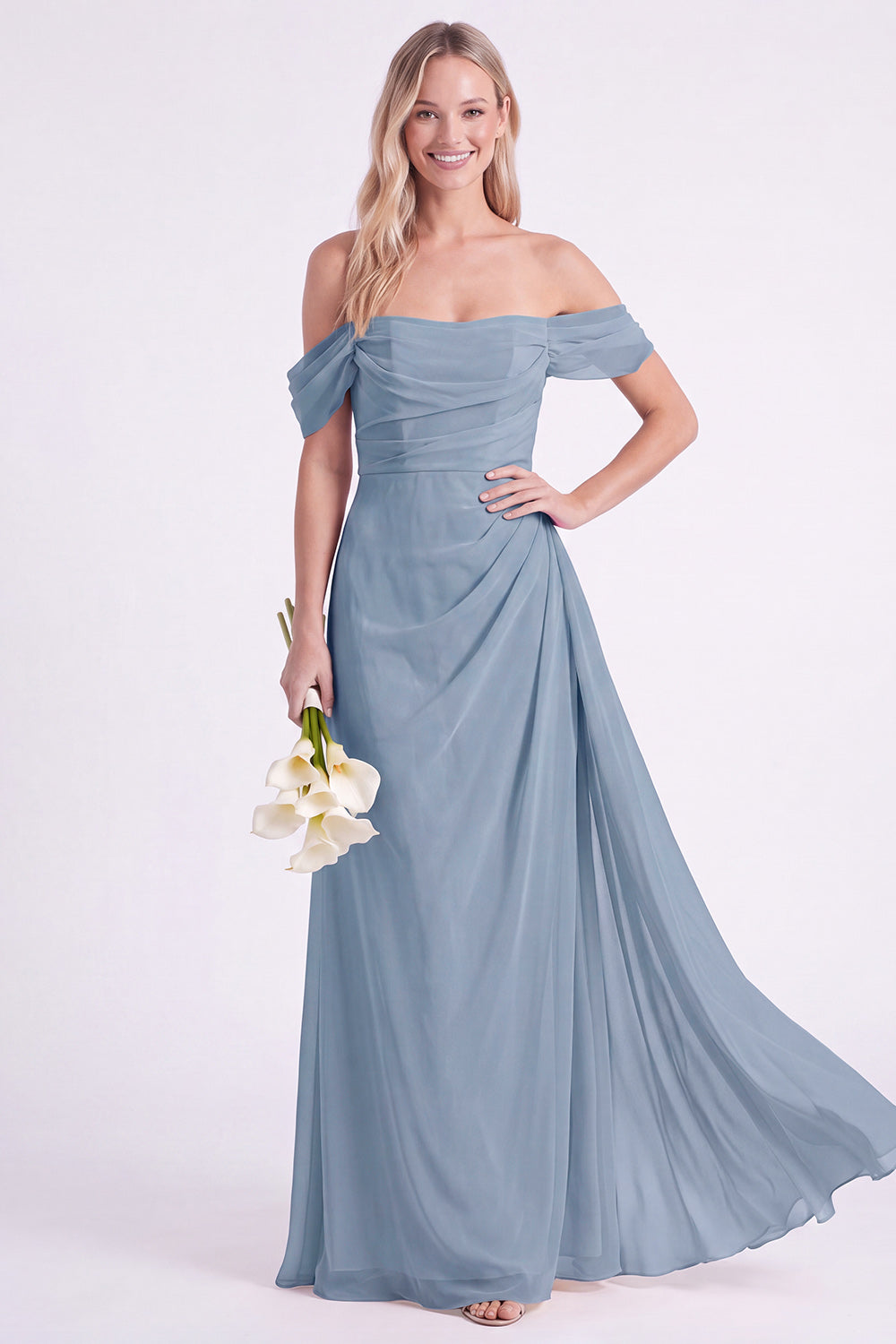 Daffodil Off-the-Shoulder Chiffon Ruched Long Bridesmaid Dress