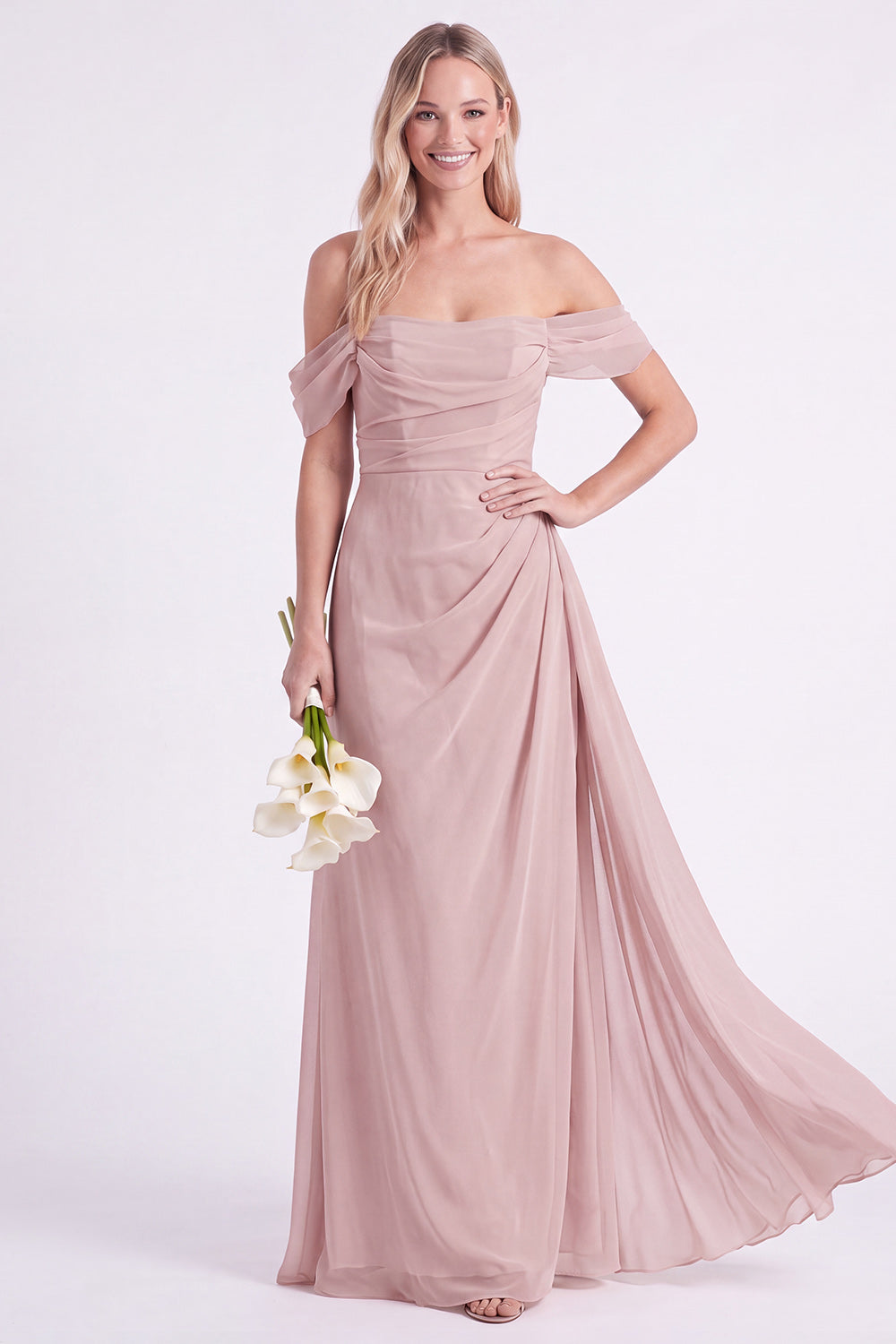 Daffodil Off-the-Shoulder Chiffon Ruched Long Bridesmaid Dress