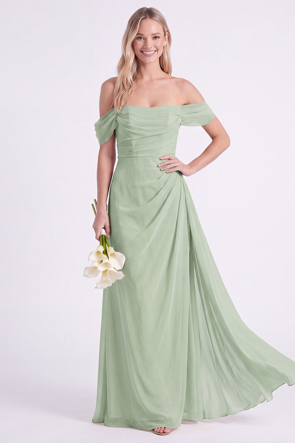Daffodil Off-the-Shoulder Chiffon Ruched Long Bridesmaid Dress