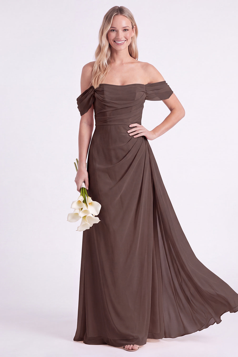 Daffodil Off-the-Shoulder Chiffon Ruched Long Bridesmaid Dress