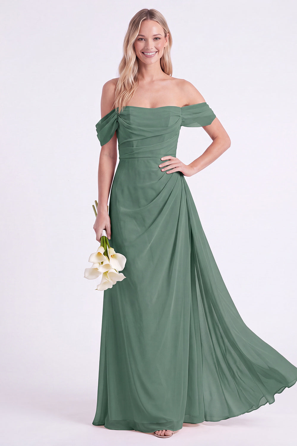 Daffodil Off-the-Shoulder Chiffon Ruched Long Bridesmaid Dress
