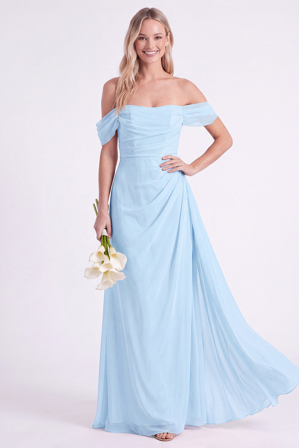 Daffodil Off-the-Shoulder Chiffon Ruched Long Bridesmaid Dress