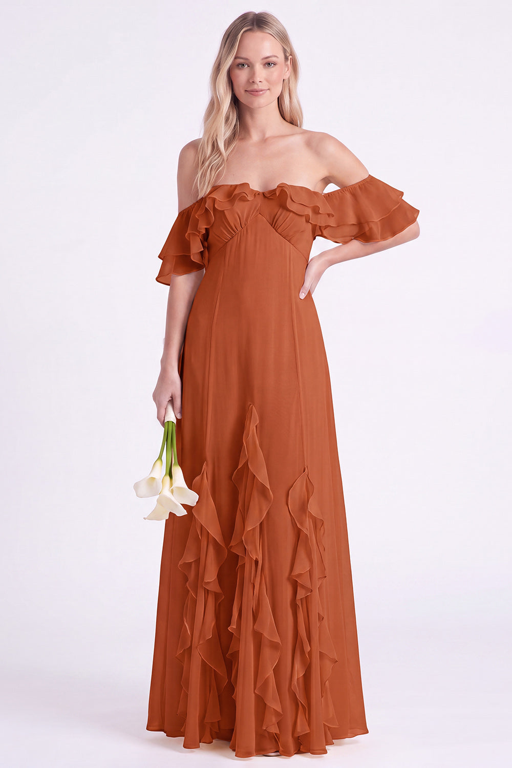 Off the Shoulder Daffodil Chiffon Ruffled Long Bridesmaid Dress
