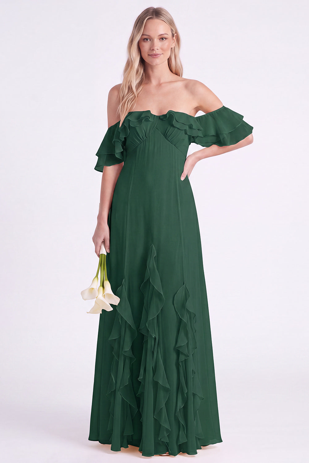 Off the Shoulder Daffodil Chiffon Ruffled Long Bridesmaid Dress
