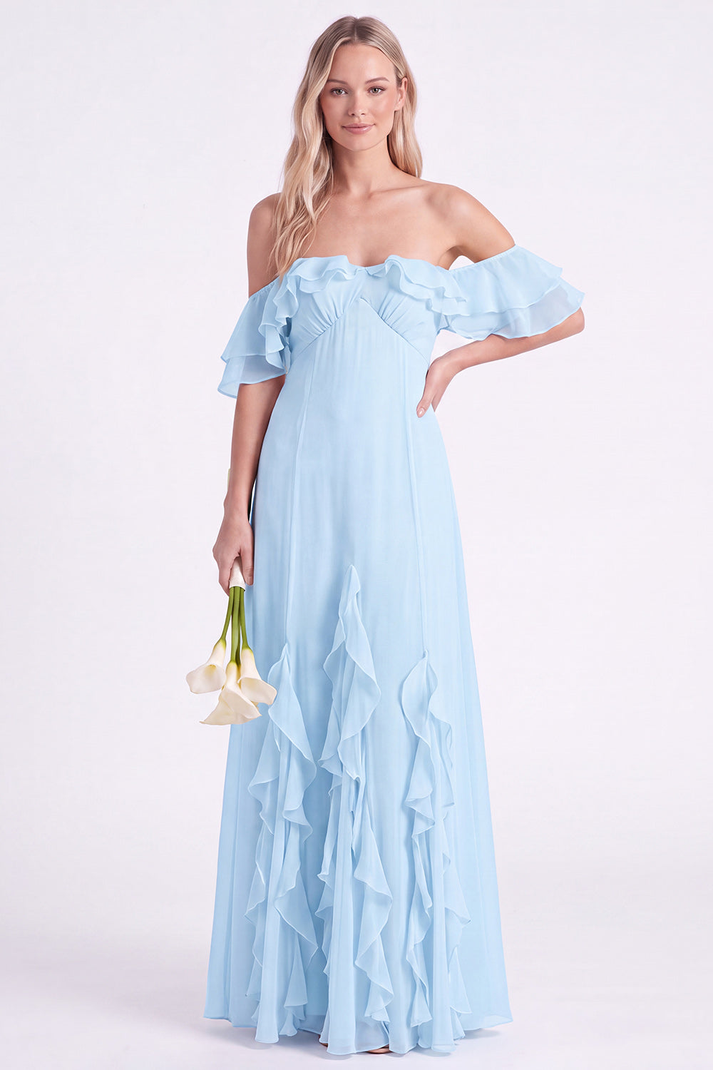 Off the Shoulder Daffodil Chiffon Ruffled Long Bridesmaid Dress