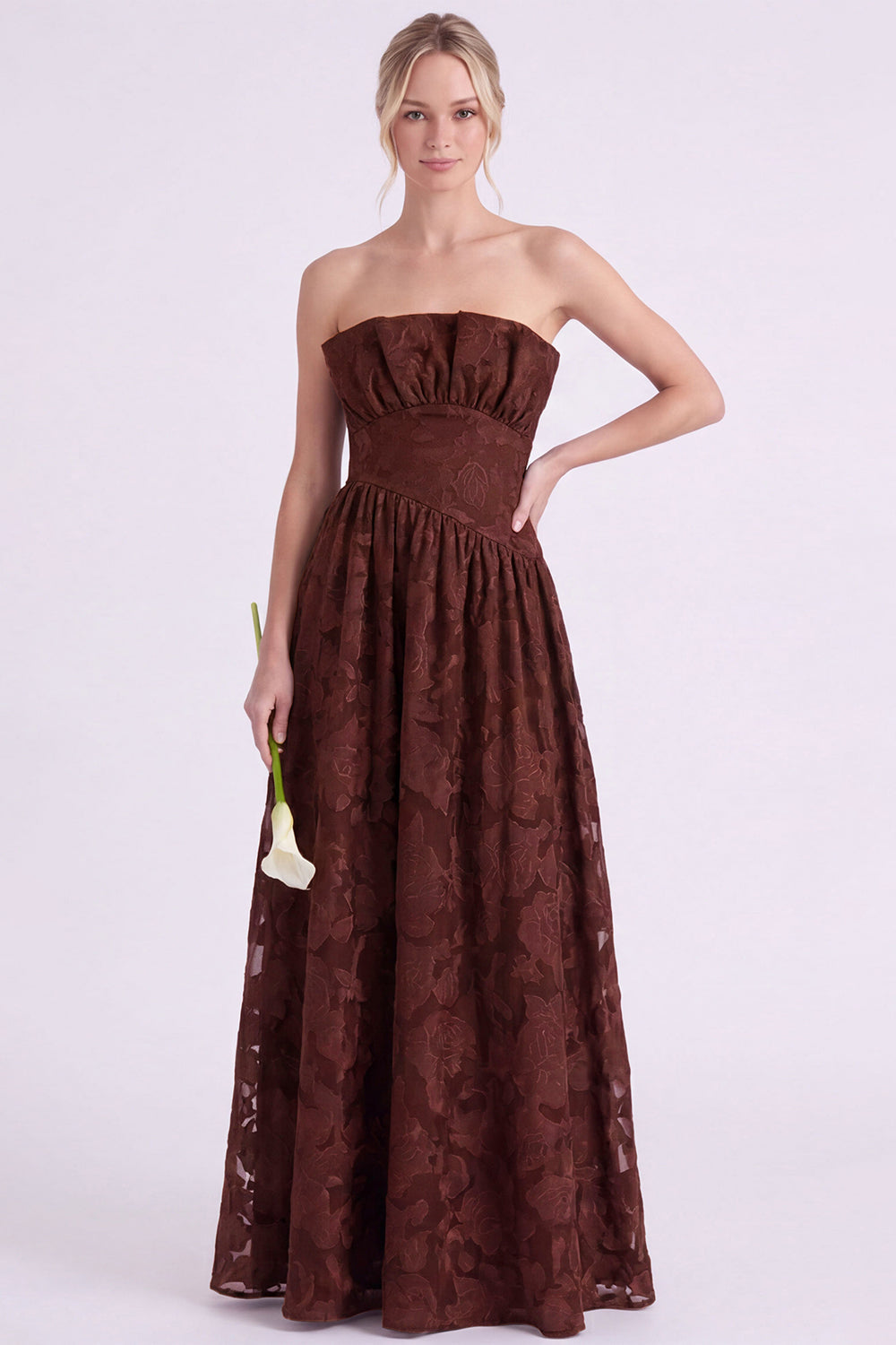 Strapless Espresso A-Line Floral Long Bridesmaid Dress with Ruffles