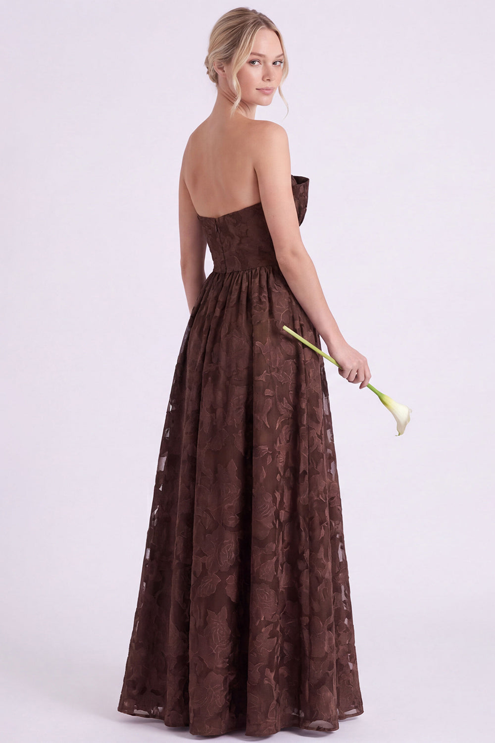 Strapless Espresso A-Line Floral Long Bridesmaid Dress with Ruffles