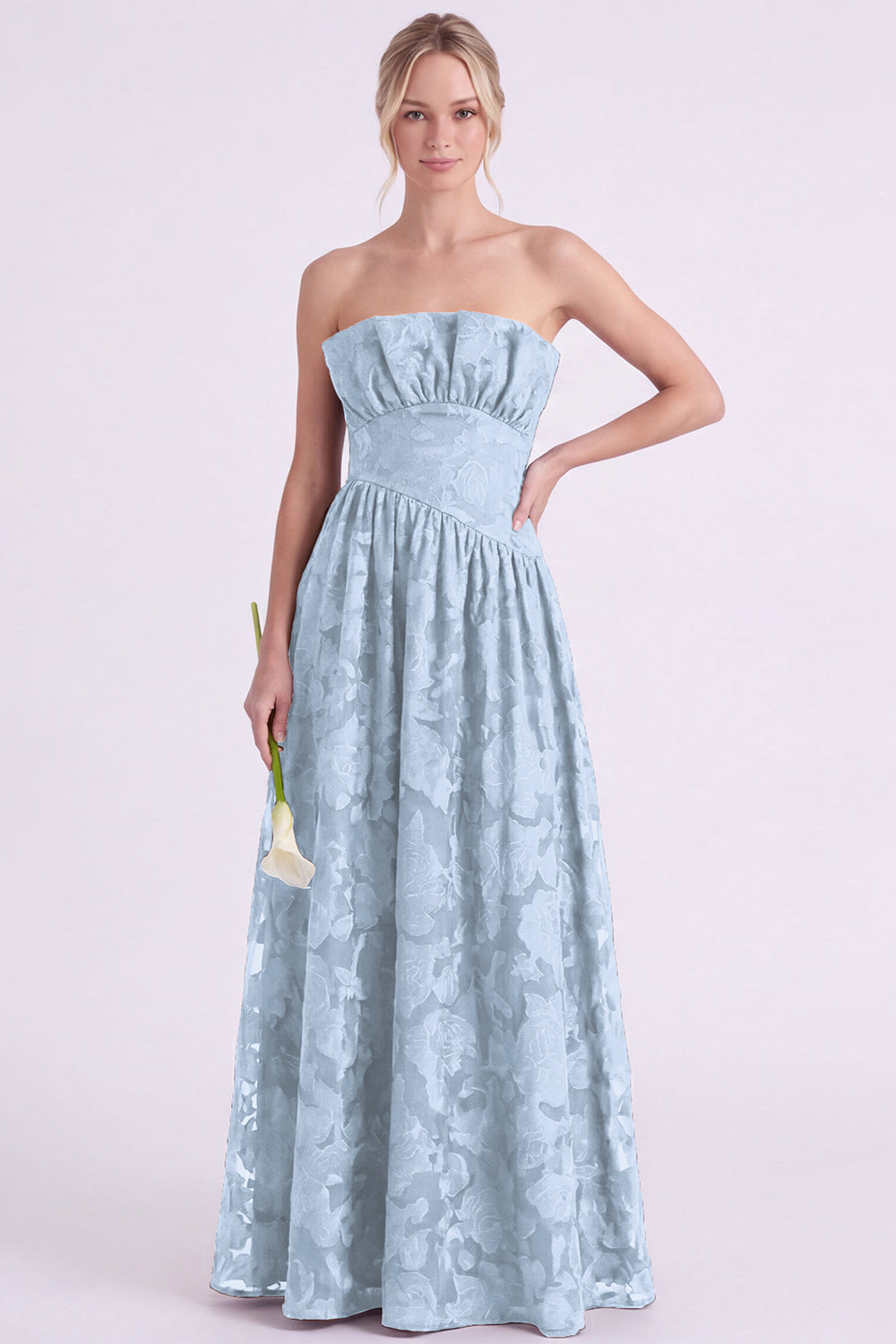 Strapless Espresso A-Line Floral Long Bridesmaid Dress with Ruffles