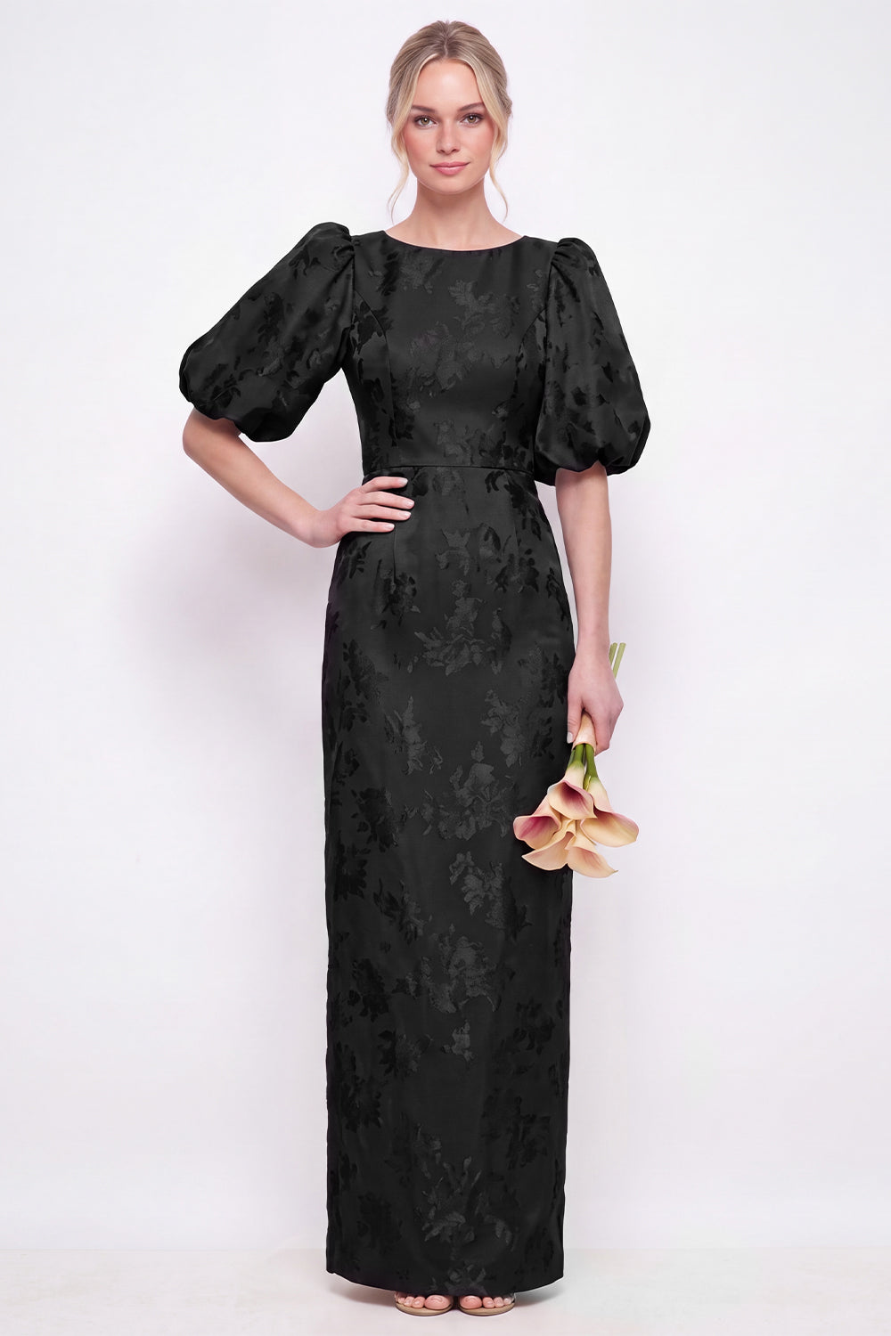 Blush Pink Bodycon Round Neck Floral Puff Sleeves Long Bridesmaid Dress with Slit