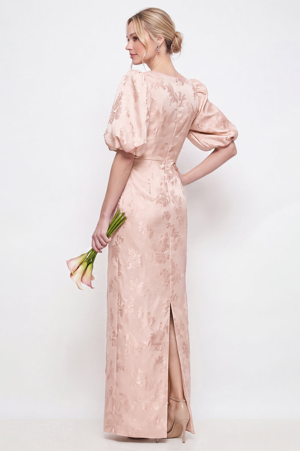 Blush Pink Bodycon Round Neck Floral Puff Sleeves Long Bridesmaid Dress with Slit
