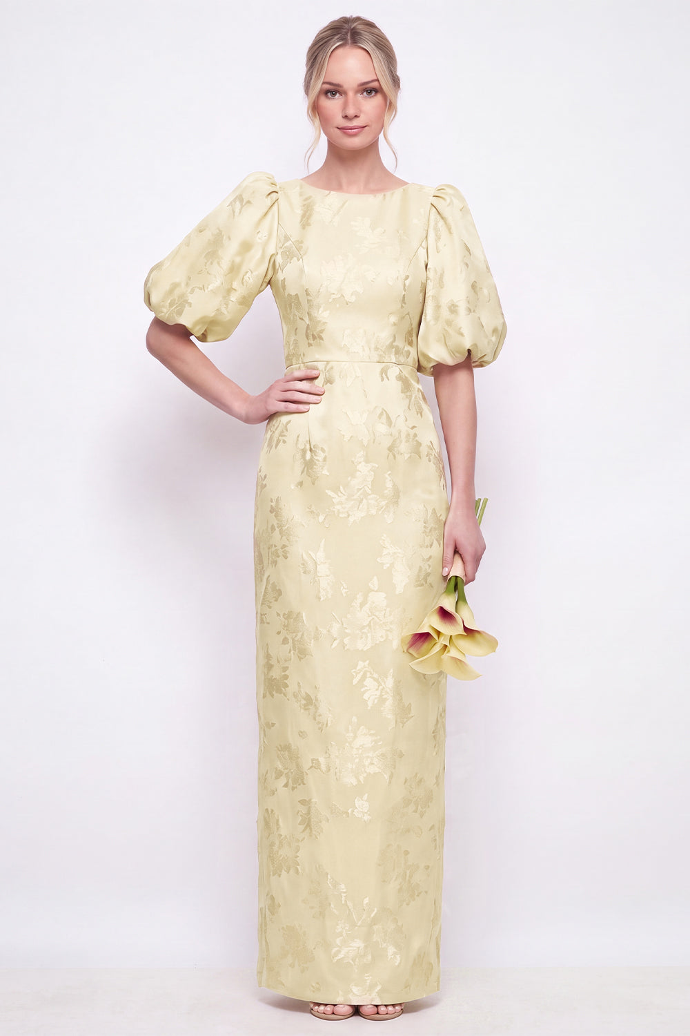 Blush Pink Bodycon Round Neck Floral Puff Sleeves Long Bridesmaid Dress with Slit