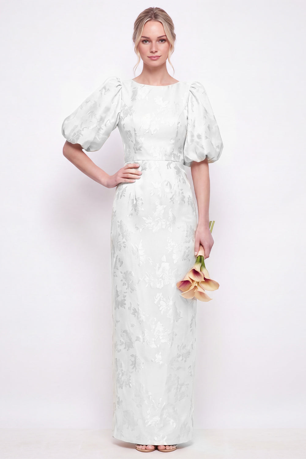 Blush Pink Bodycon Round Neck Floral Puff Sleeves Long Bridesmaid Dress with Slit