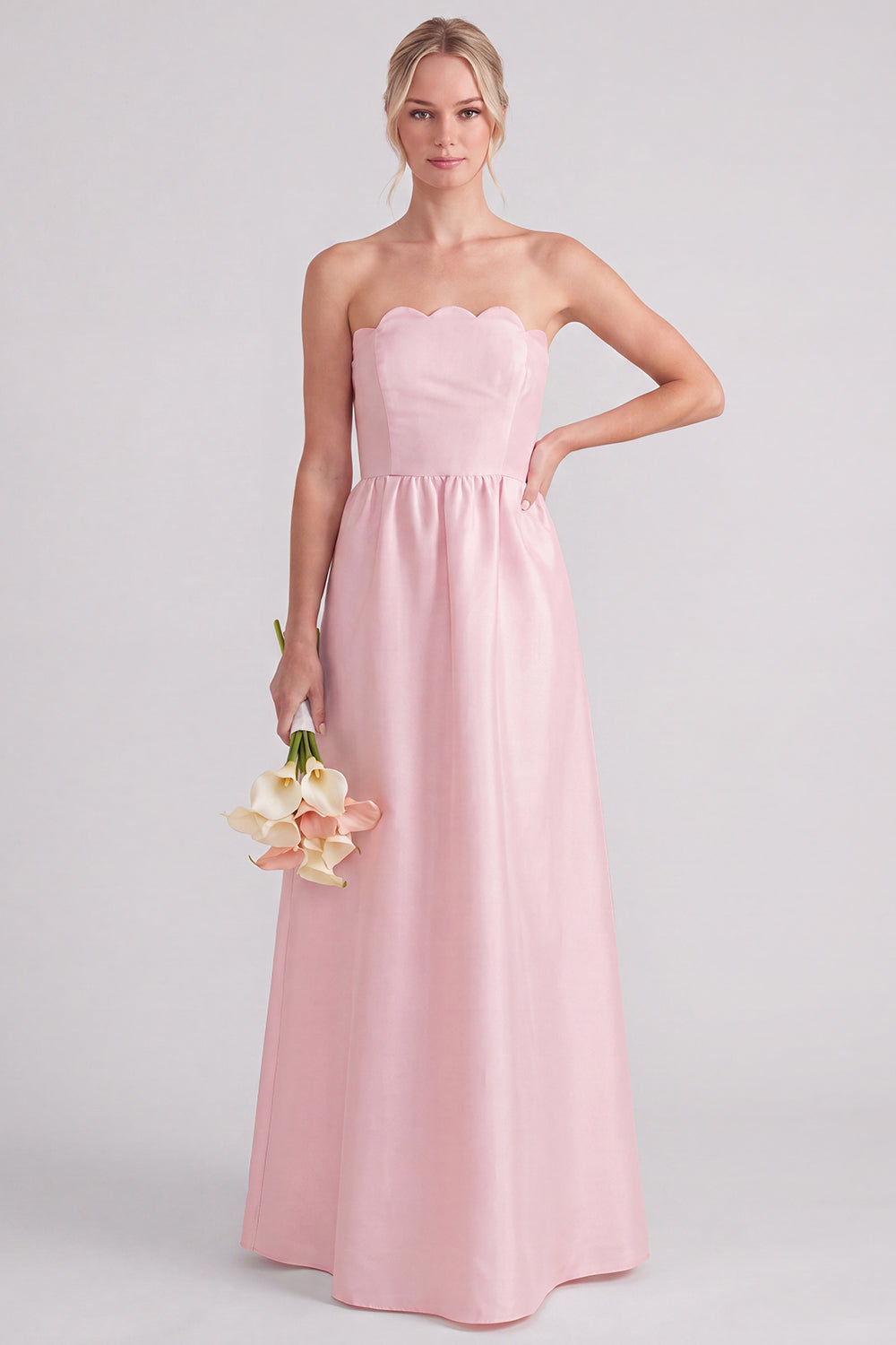 Pink Strapless A-Line Long Bridesmaid Dress