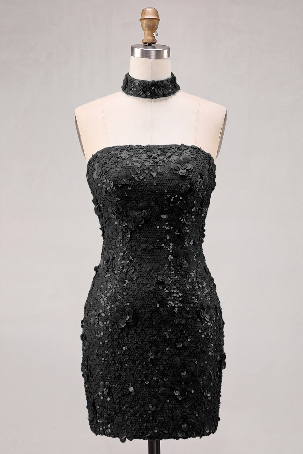 Robe courte de cocktail moulante dorée à paillettes sans bretelles avec laçage au dos