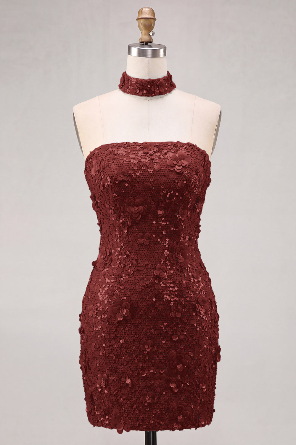 Robe courte de cocktail moulante dorée à paillettes sans bretelles avec laçage au dos