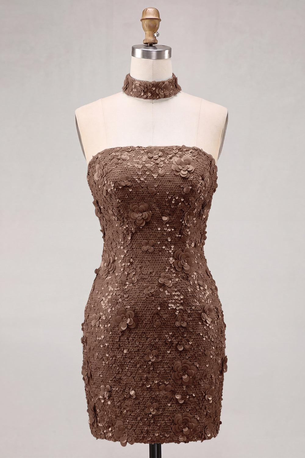 Robe courte de cocktail moulante dorée à paillettes sans bretelles avec laçage au dos