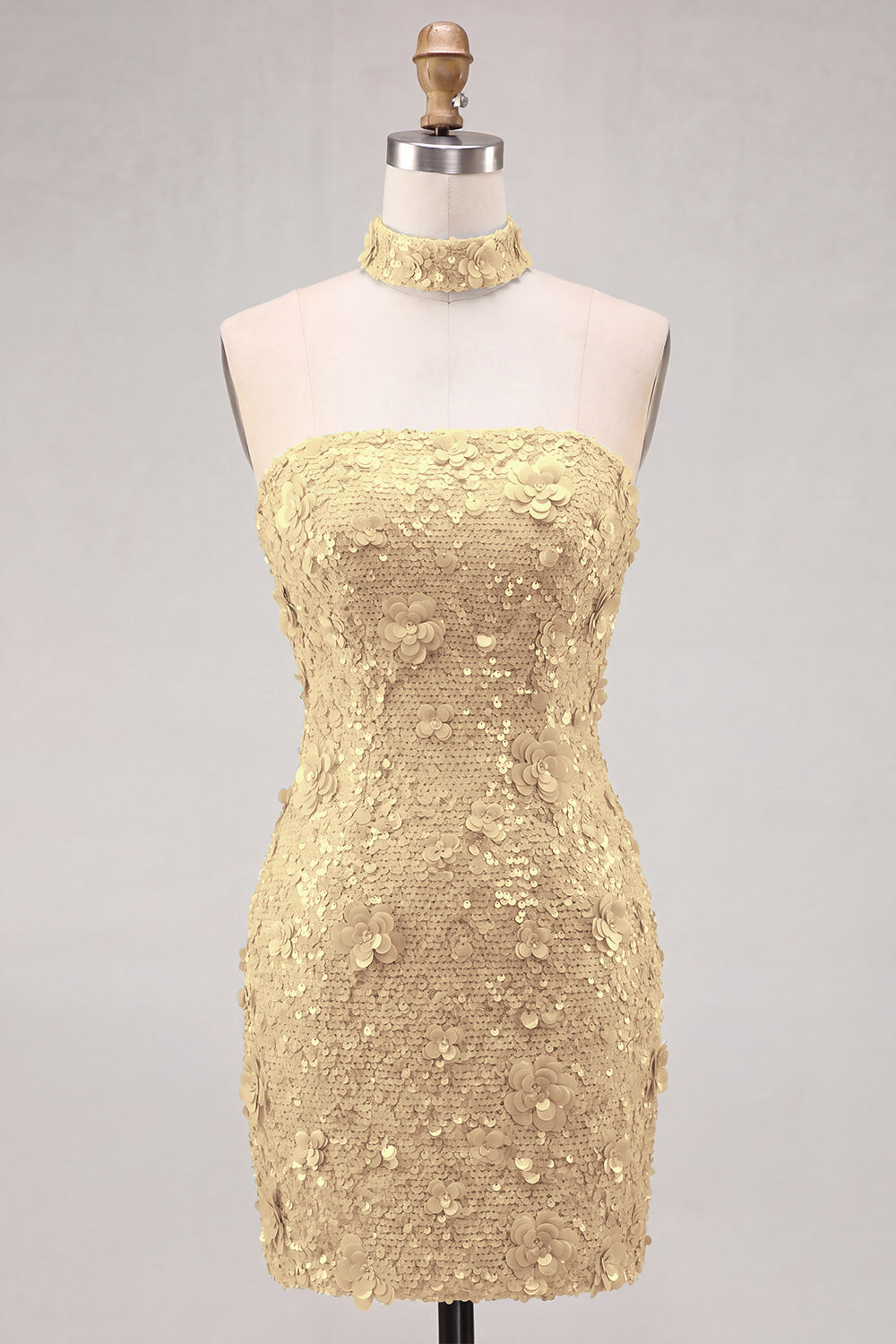 Robe courte de cocktail moulante dorée à paillettes sans bretelles avec laçage au dos
