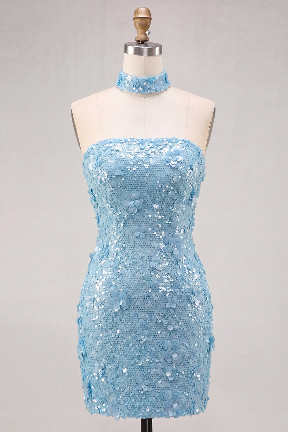 Robe courte de cocktail moulante dorée à paillettes sans bretelles avec laçage au dos