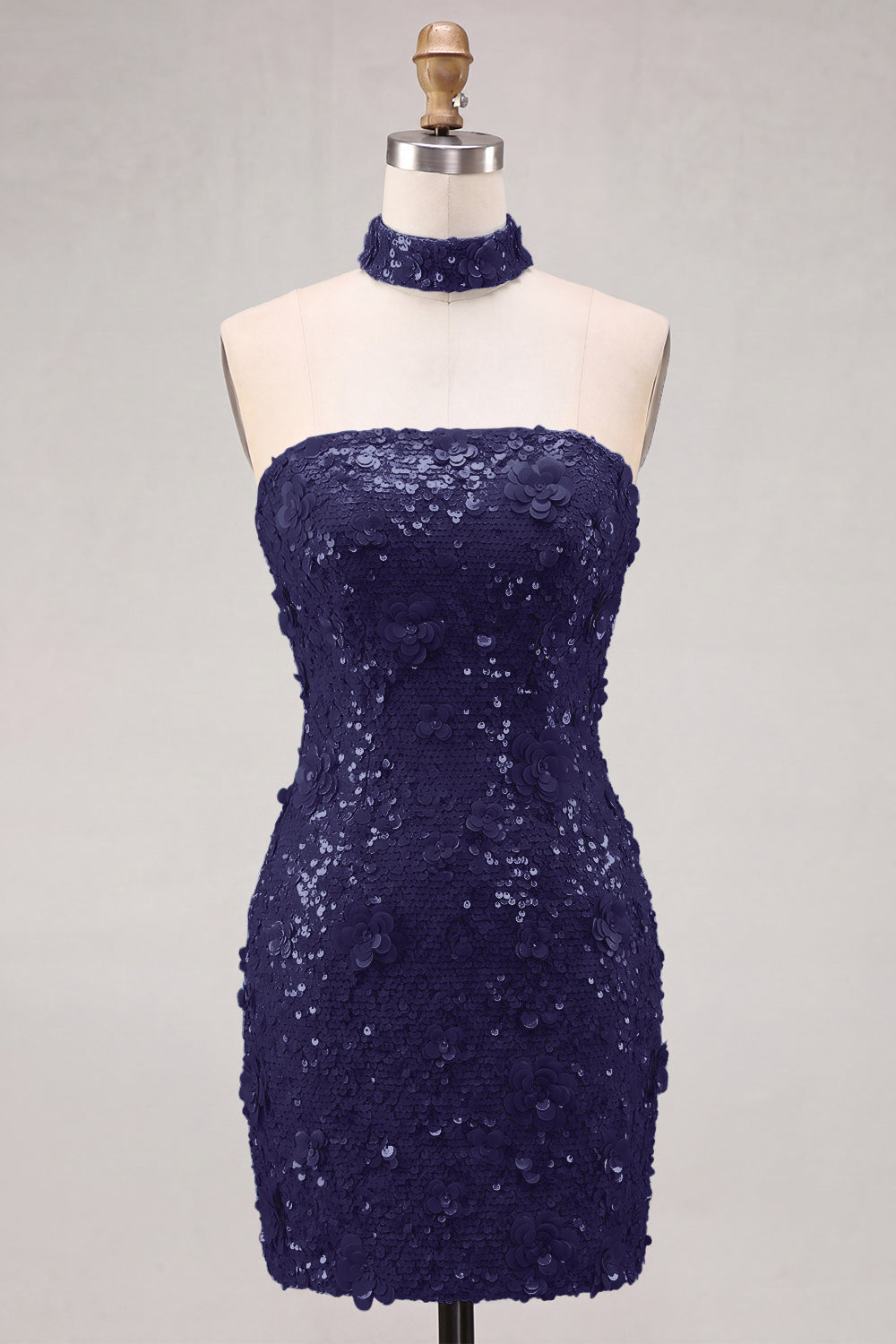 Robe courte de cocktail moulante dorée à paillettes sans bretelles avec laçage au dos