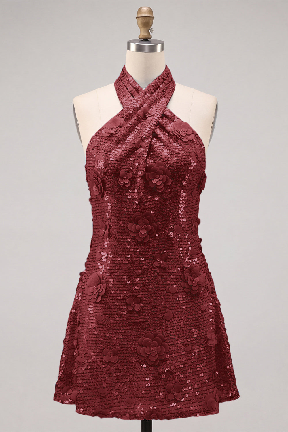 Blue Halter Neck A-Line Floral Short Homecoming Dress with Sequins