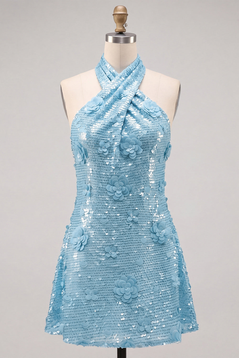 Blue Halter Neck A-Line Floral Short Homecoming Dress with Sequins