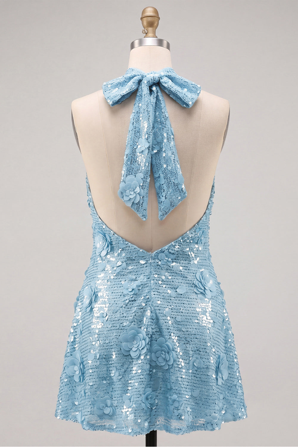 Blue Halter Neck A-Line Floral Short Homecoming Dress with Sequins