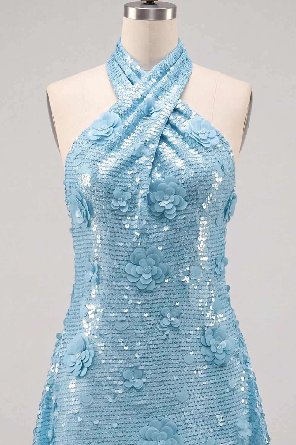 Blue Halter Neck A-Line Floral Short Homecoming Dress with Sequins