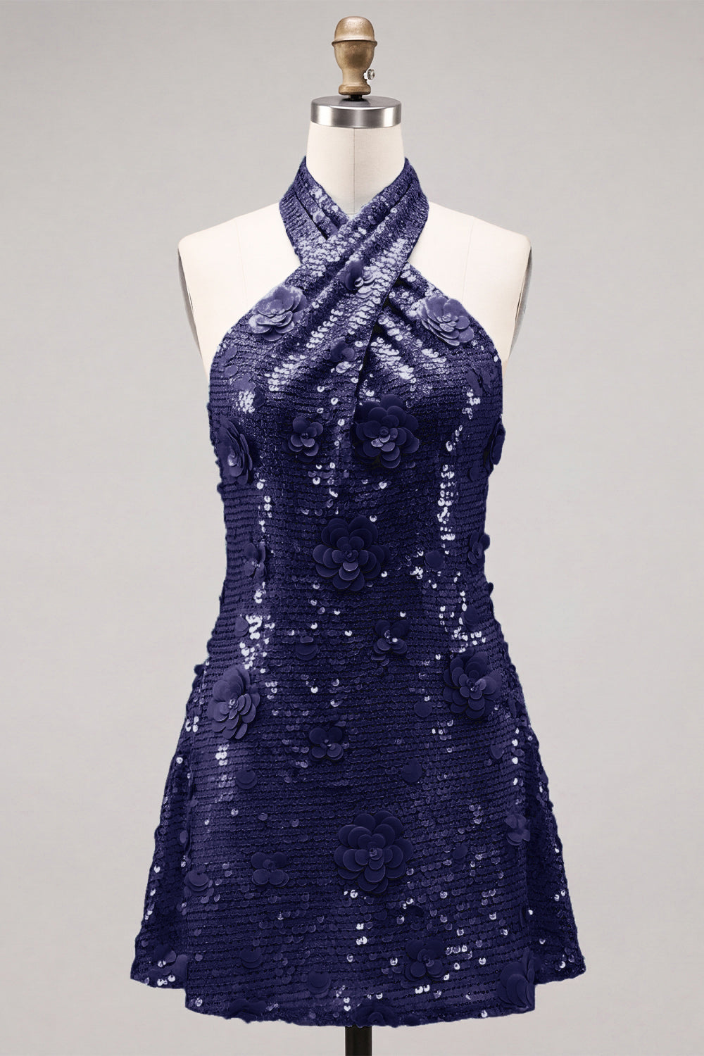 Blue Halter Neck A-Line Floral Short Homecoming Dress with Sequins