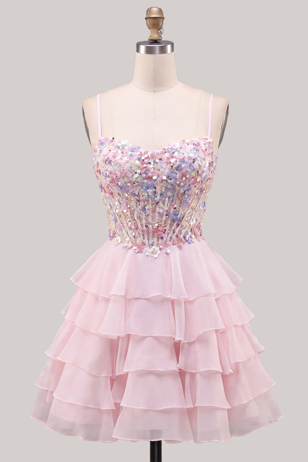 Sequins Lilac Corset A-Line Tiered Ruffled Short Homecoming Dress