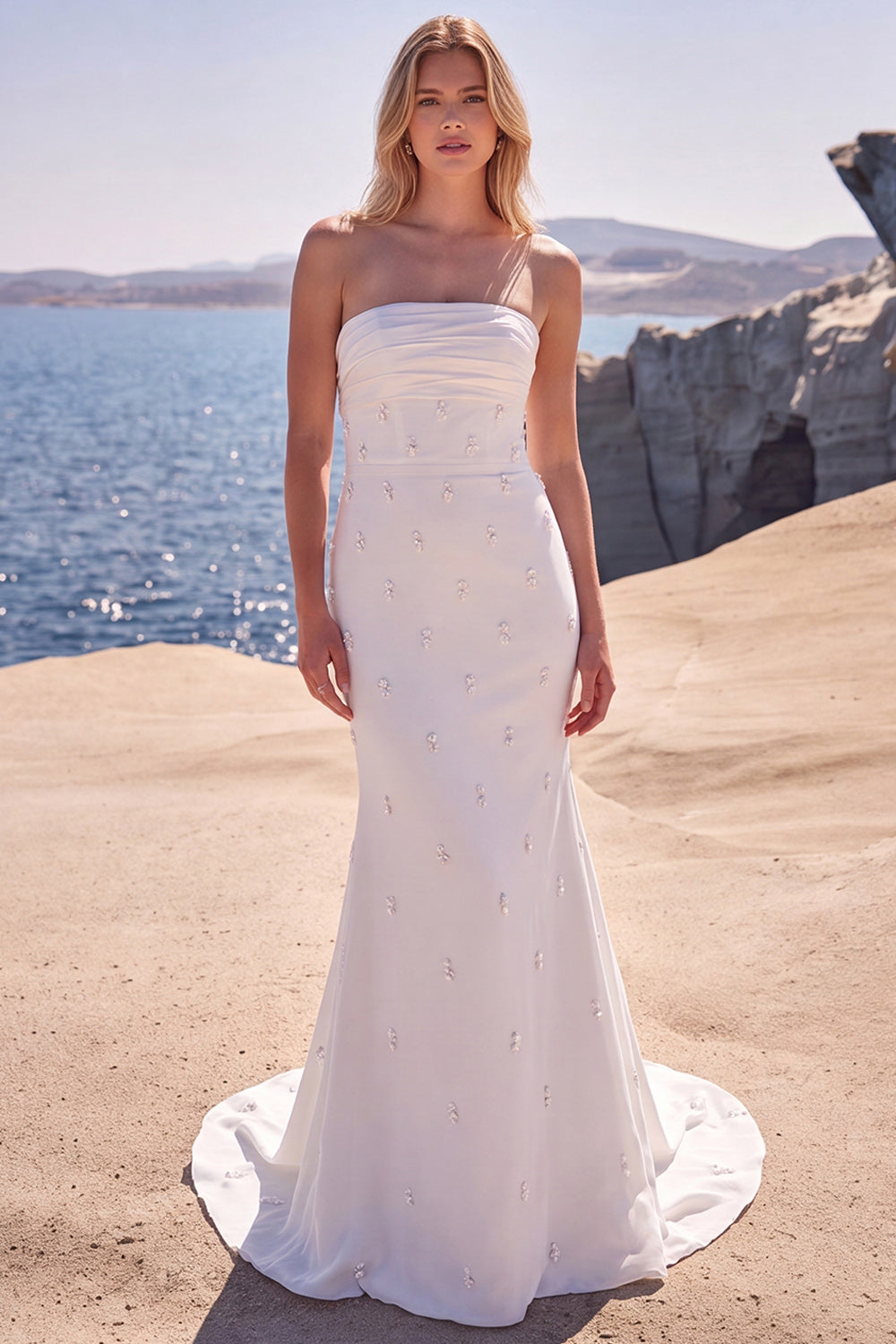 Mermaid Strapless White Beaded Long Wedding Dress with Bow