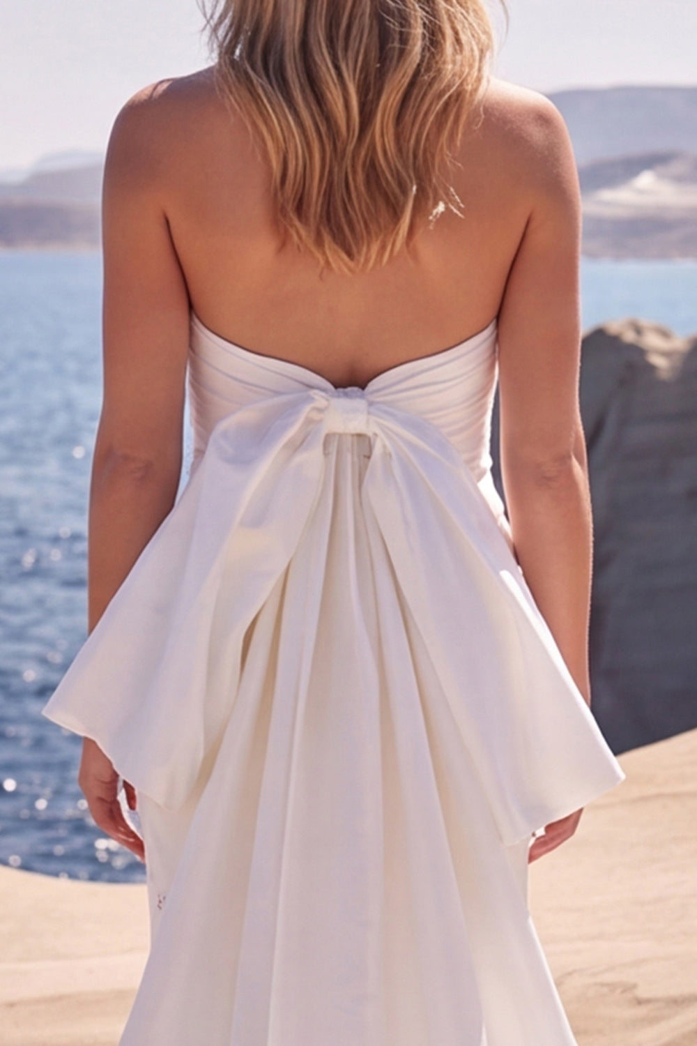 Mermaid Strapless White Beaded Long Wedding Dress with Bow