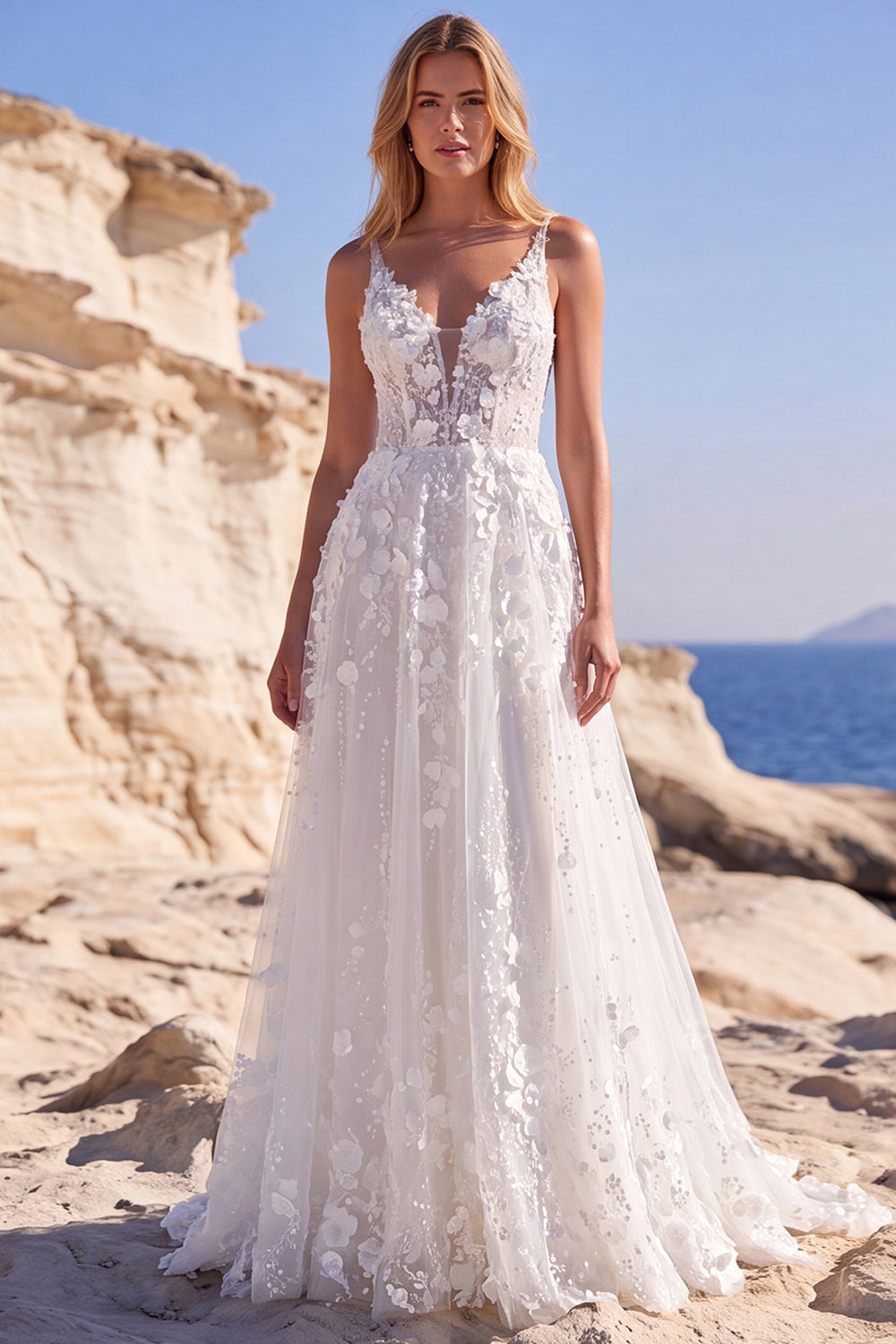 White Tulle A-Line Appliqued Floral Corset Long Wedding Dress