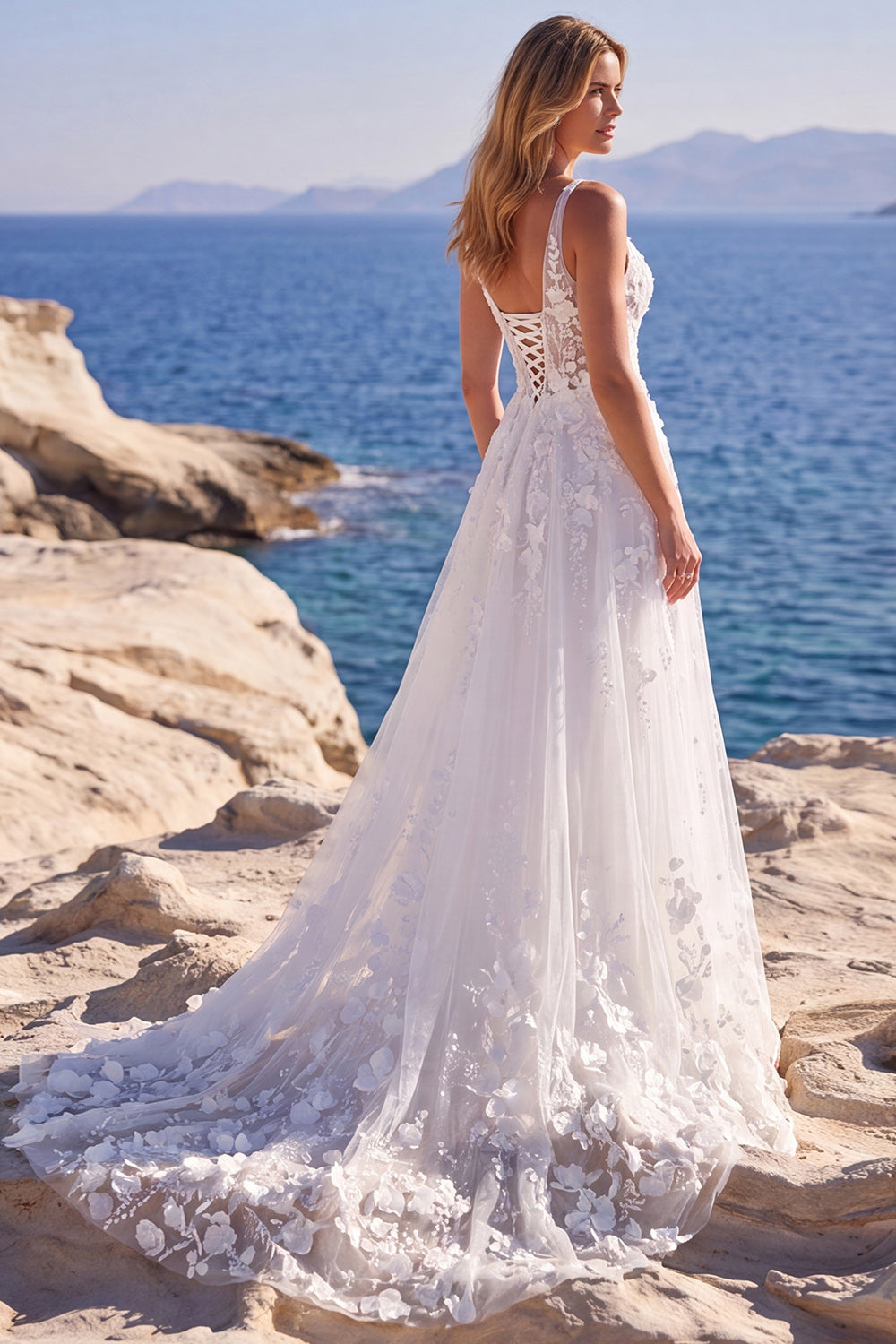 White Tulle A-Line Appliqued Floral Corset Long Wedding Dress