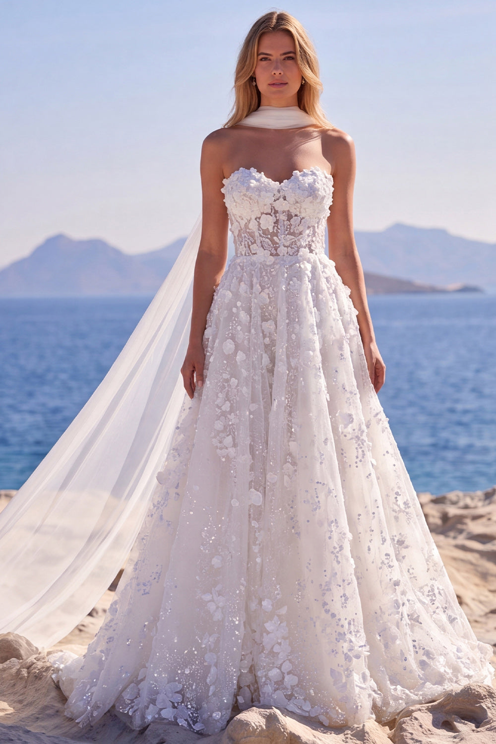 White Corset Tulle A-Line Sweetheart Appliqued Floral Long Wedding Dress