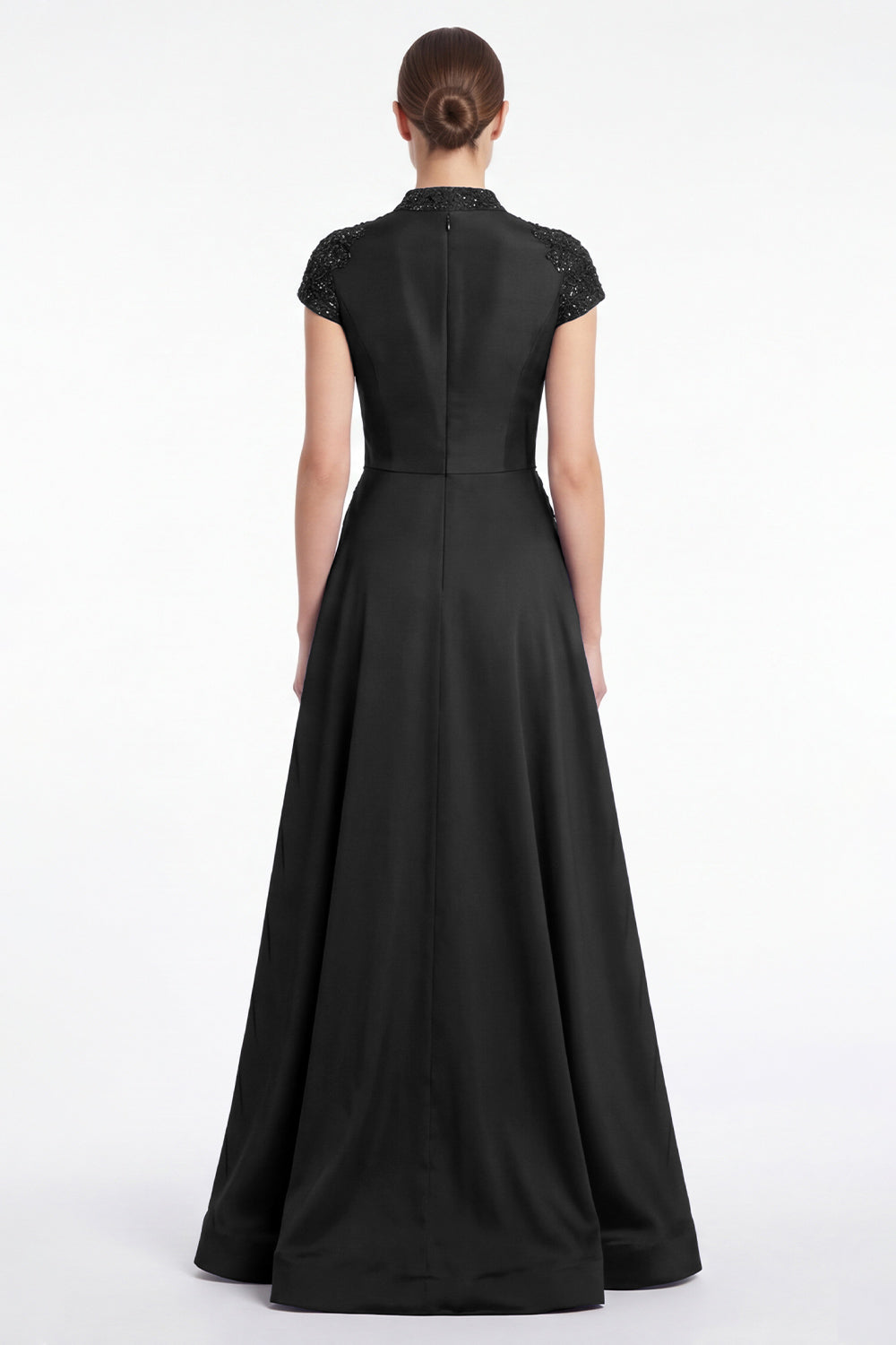A-Line Black V-Neck Beaded Appliqued Mother Of the Bride Dress with Cap Sleeves