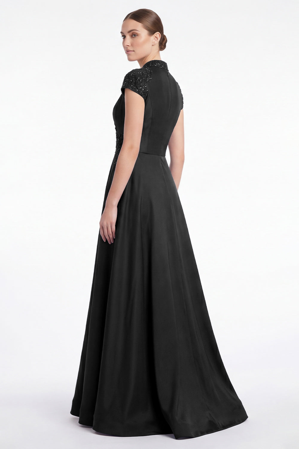 A-Line Black V-Neck Beaded Appliqued Mother Of the Bride Dress with Cap Sleeves