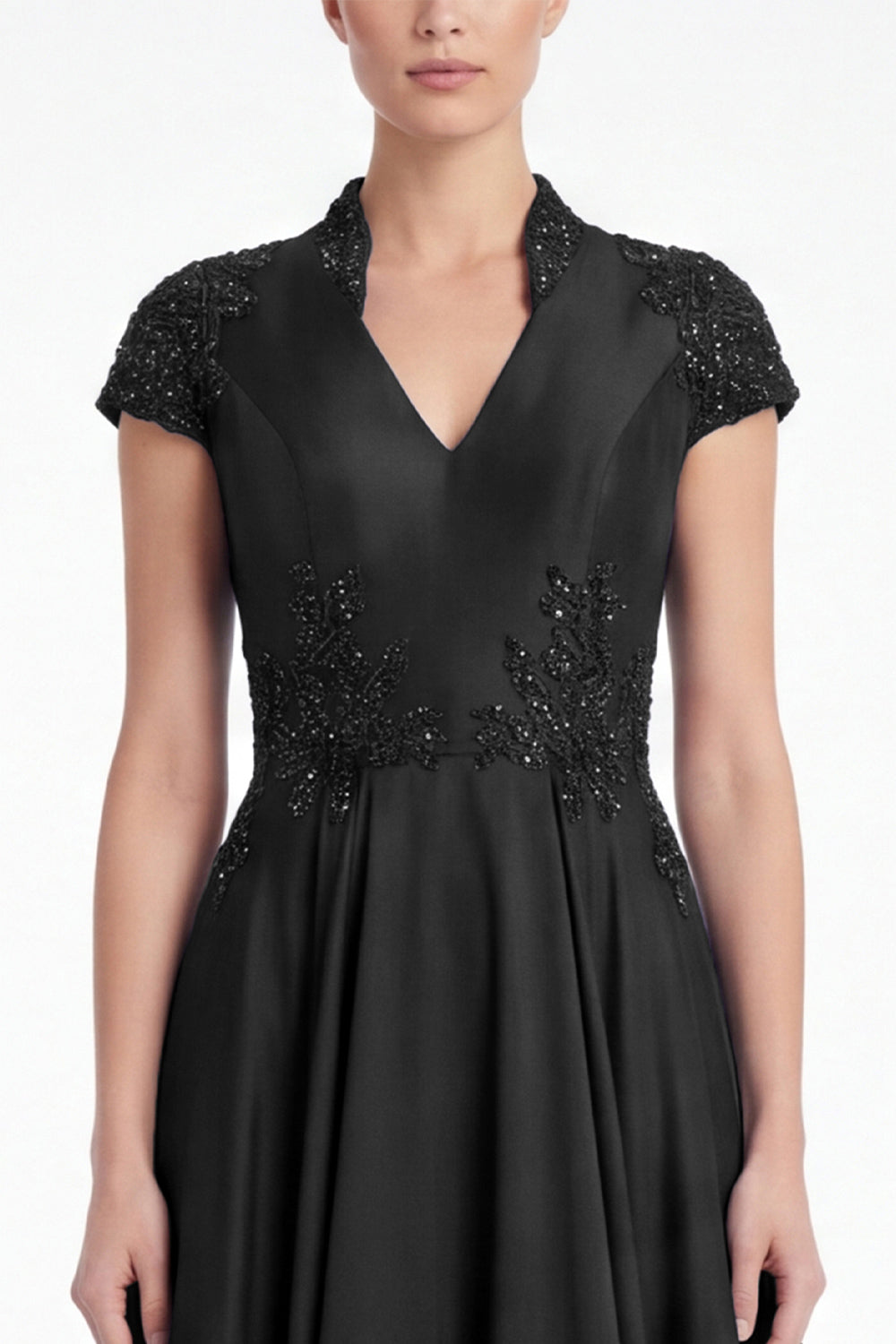 A-Line Black V-Neck Beaded Appliqued Mother Of the Bride Dress with Cap Sleeves