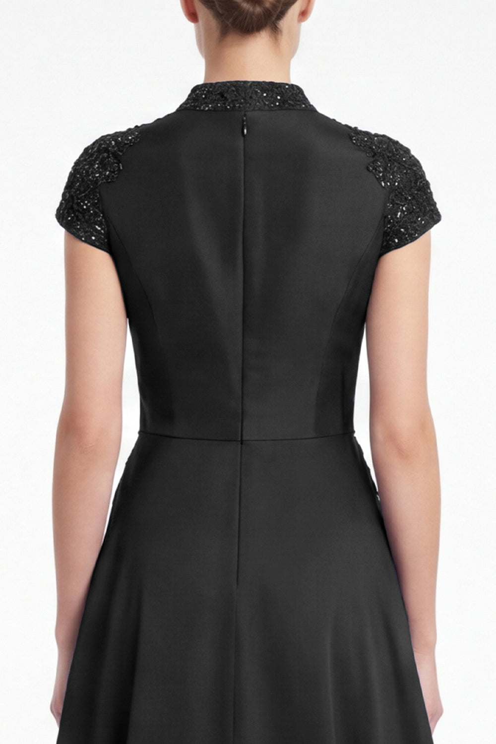 A-Line Black V-Neck Beaded Appliqued Mother Of the Bride Dress with Cap Sleeves