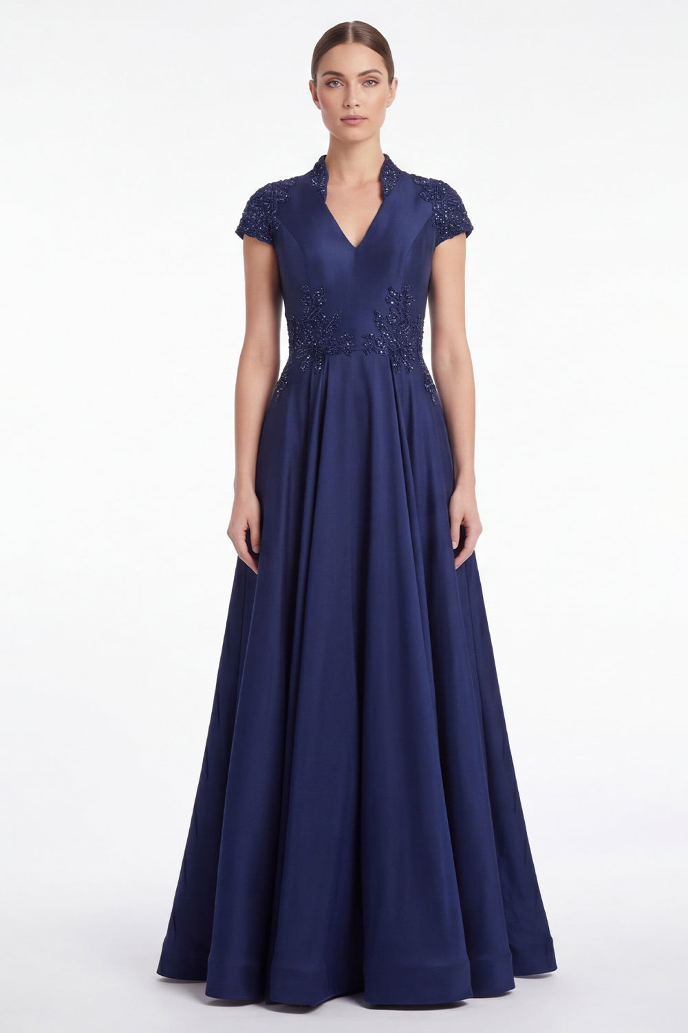 A-Line Black V-Neck Beaded Appliqued Mother Of the Bride Dress with Cap Sleeves
