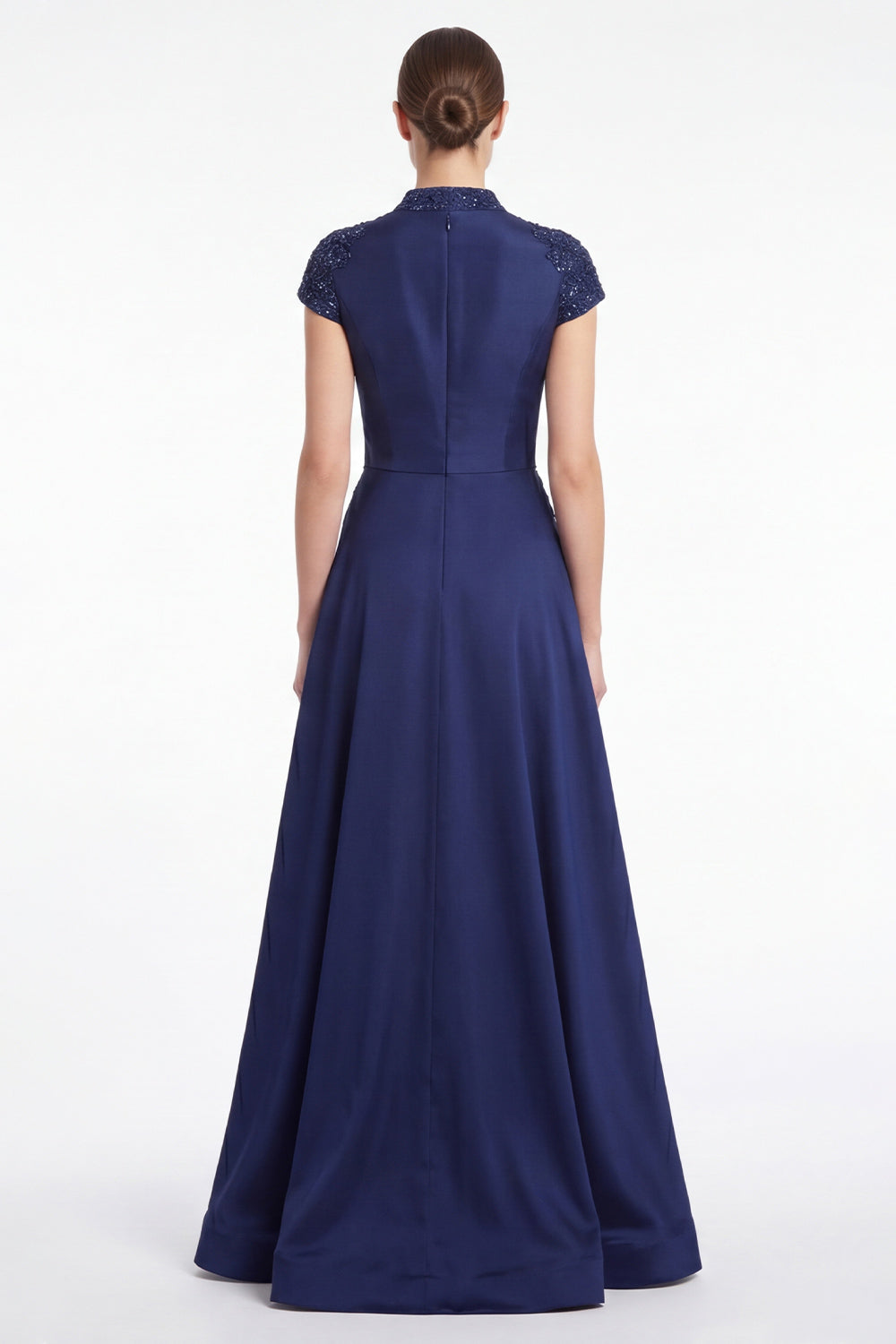 A-Line Black V-Neck Beaded Appliqued Mother Of the Bride Dress with Cap Sleeves