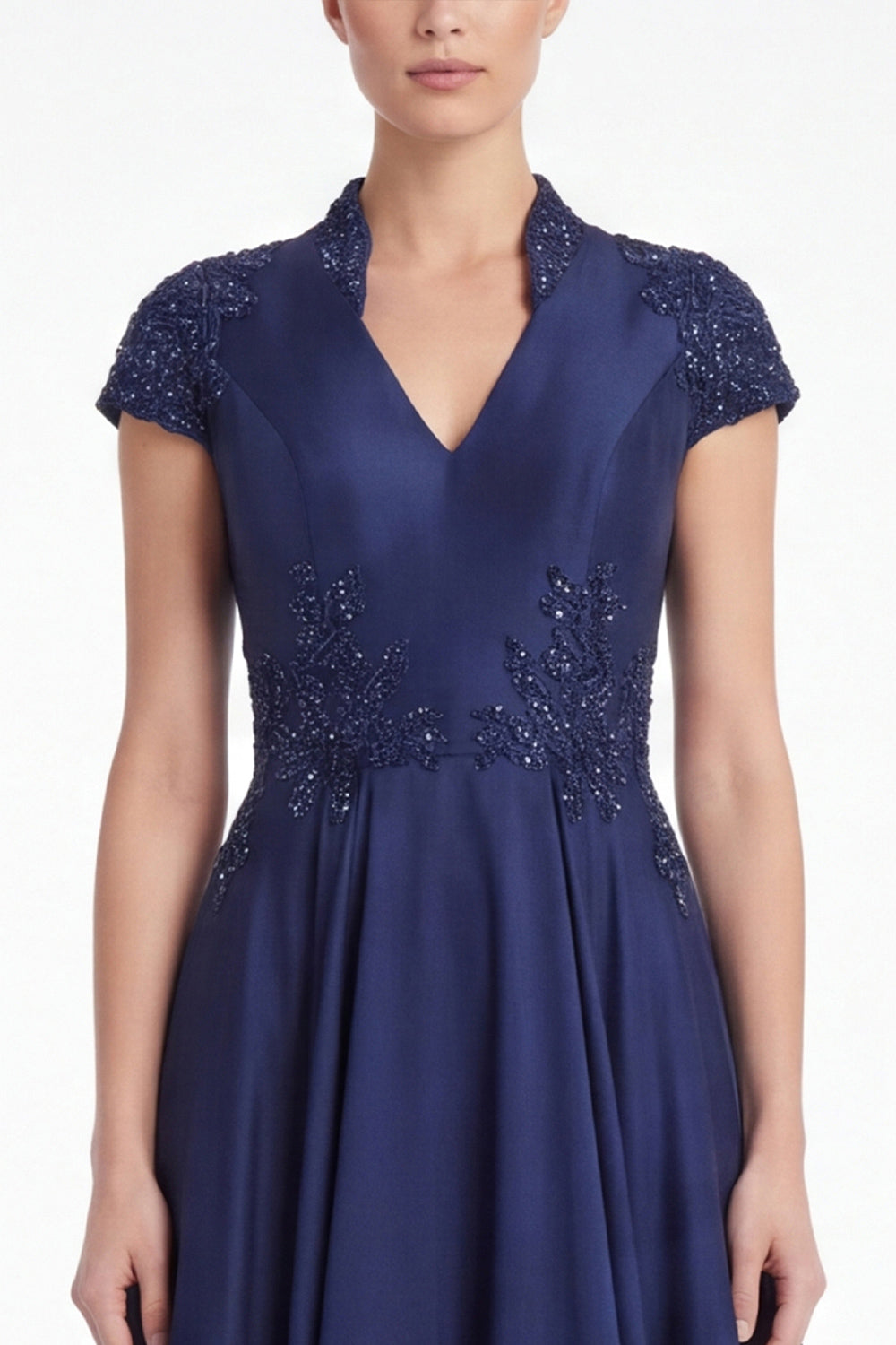 A-Line Black V-Neck Beaded Appliqued Mother Of the Bride Dress with Cap Sleeves