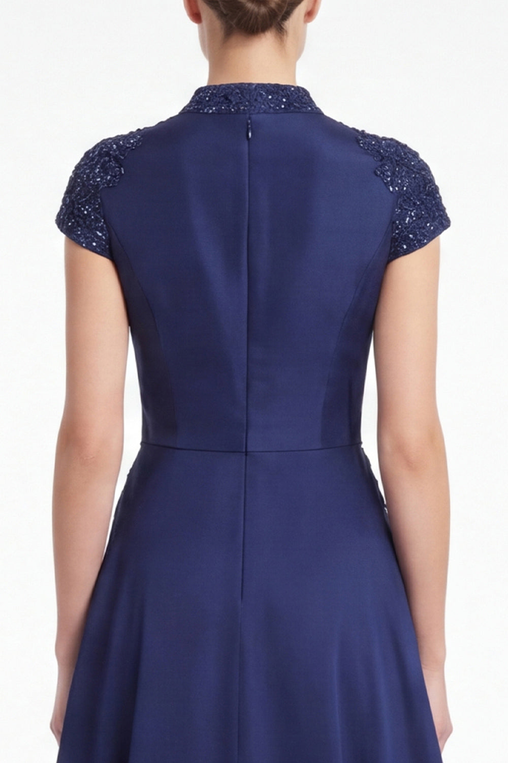 A-Line Black V-Neck Beaded Appliqued Mother Of the Bride Dress with Cap Sleeves