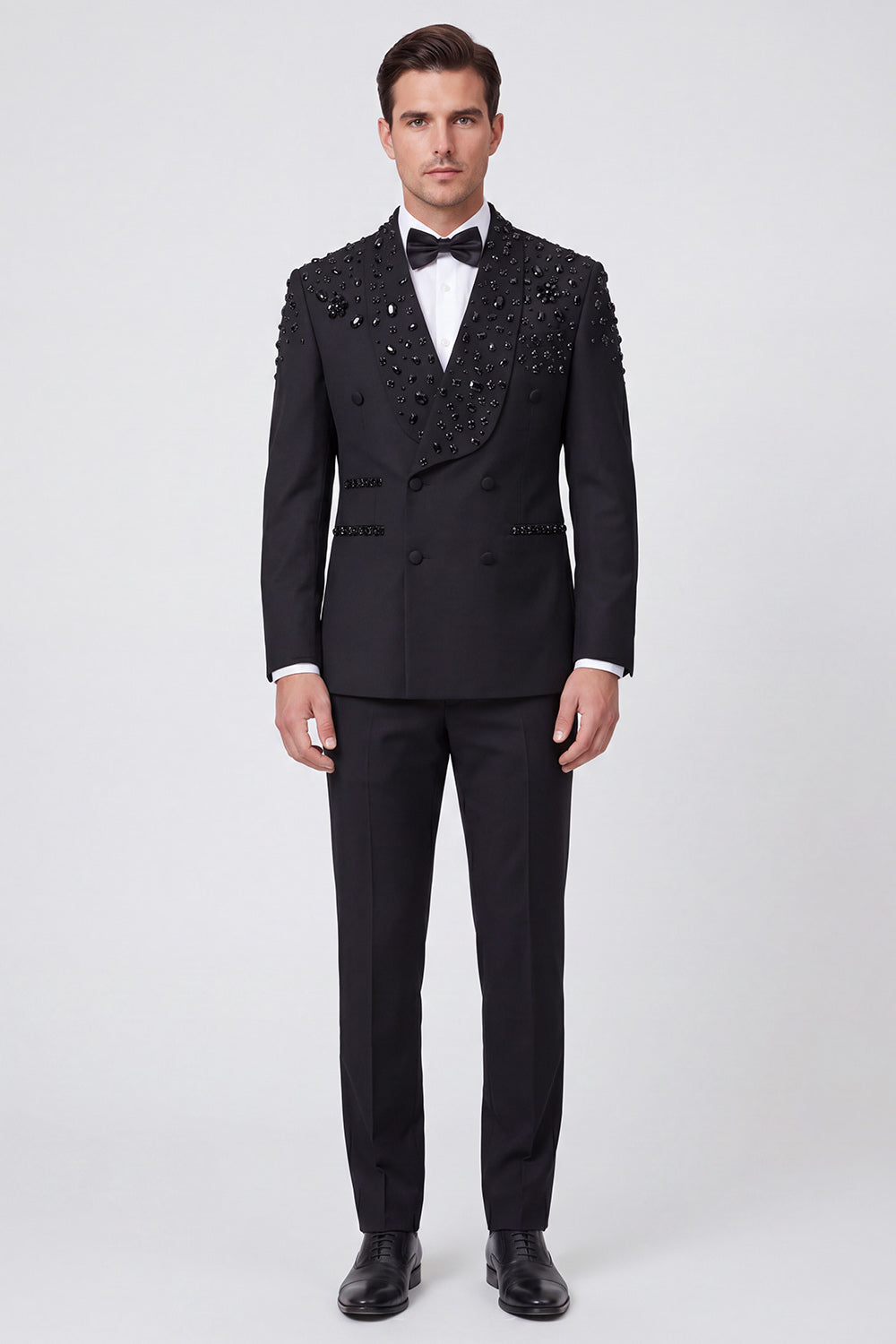 Black Shawl Lapel 2 Piece Double Breasted Men's Prom Suits with Beading