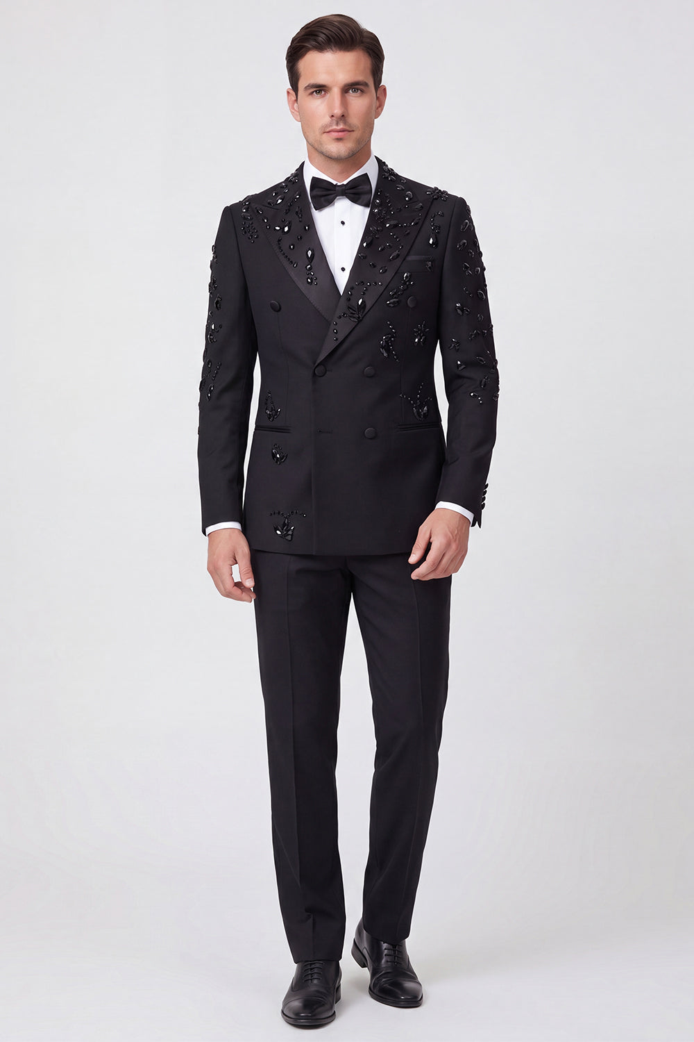 2-Piece Black Double-Breasted Peak Lapel Men's Prom Suit with Beading