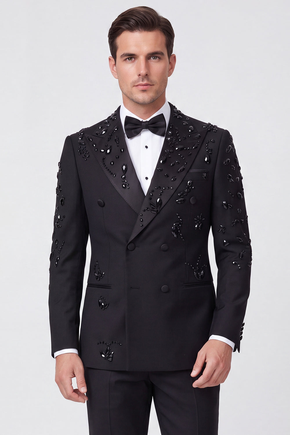 2-Piece Black Double-Breasted Peak Lapel Men's Prom Suit with Beading