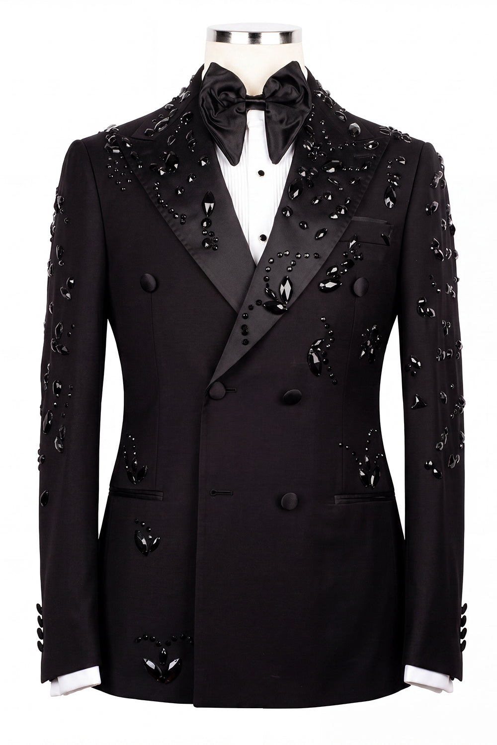 2-Piece Black Double-Breasted Peak Lapel Men's Prom Suit with Beading