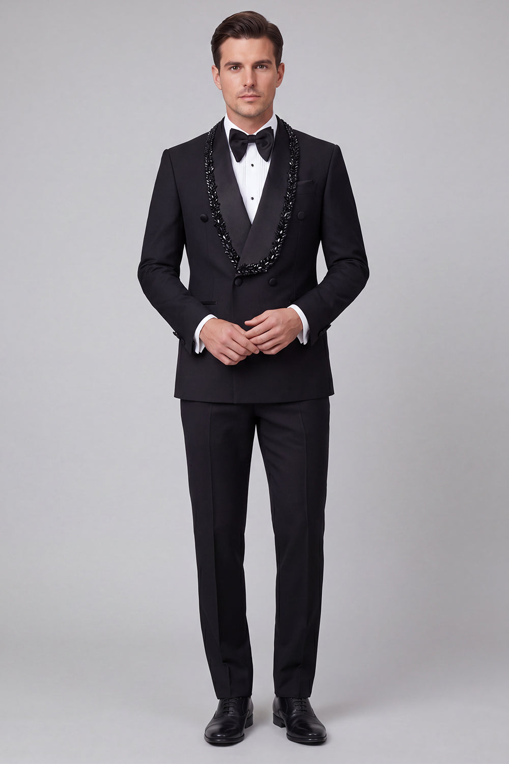 Shawl Lapel 2 Piece Black Double Breasted Beaded Men's Prom Suits