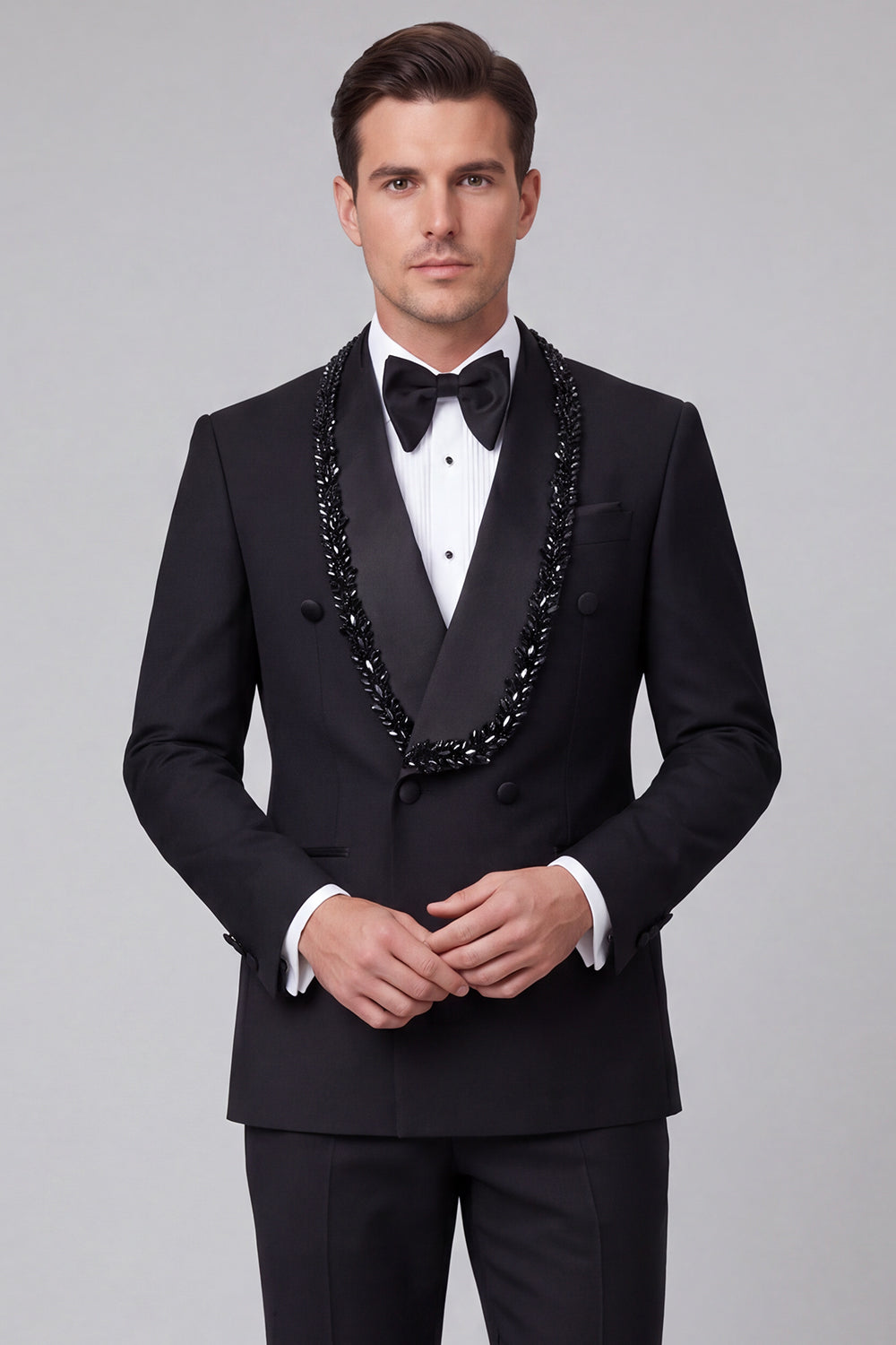 Shawl Lapel 2 Piece Black Double Breasted Beaded Men's Prom Suits